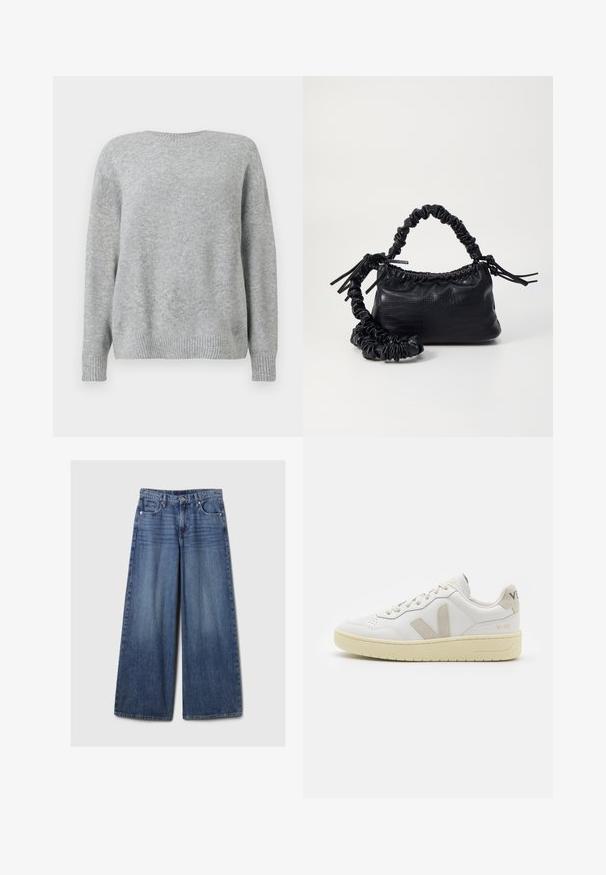 Svijetlosivi pulover, napravljen od meke tkanine, ima okrugli izrez, opušteni kroj te rebraste manžete i donji rub za teksturu i detalje.; Široke plave traperice s izblijedjelim finišom, s kopčanjem na gumb i patentni zatvarač, pet džepova i petljama za remen.; Bijele kožne tenisice s bež nubuk naglascima, perforiranim prednjim dijelom, ravnim čipkama i teksturiranom kremastom potplatom. Sadrži suptilni brend na pete.; Crna torba od umjetne kože s teksturom krokodila, s cinčanim vrhom i naboranom trakom. Izgleda mekano i kompaktno u dizajnu.