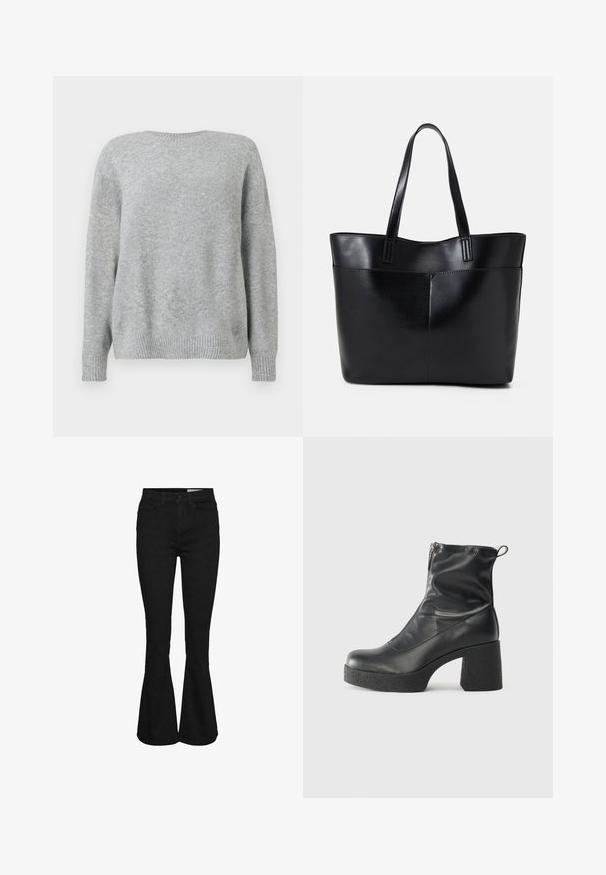 Lys grå sweater i blødt stof har en rund halsudskæring, afslappet pasform samt ribbede manchetter og kant for tekstur og detaljer.; Sorte højtaljede jeans med udvidede ben, frontknap og lynlås, to frontlommer og bæltestropper.; Sorte ankelstøvler lavet af glat læder, med en sidelukning, kraftig struktureret hæl og rundt tådesign.; Sort læder tote taske med to lange håndtag, en glat tekstur og en struktureret form. Har en forlommem for ekstra opbevaring.