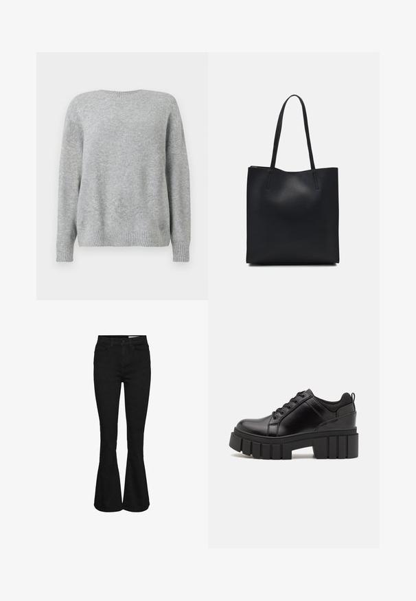 Maglione grigio chiaro, realizzato in tessuto morbido, presenta un collo rotondo, una vestibilità comoda e polsini e orlo a costine per texture e dettaglio.; Jeans neri a vita alta con gambe svasate, chiusura frontale a bottone e zip, due tasche anteriori e passanti per cintura.; Scarpe platform in pelle nera con tacco a blocco robusto, punta rotonda e design tradizionale con lacci. Presentano una superficie liscia e dettagli minimi.; Borsa tote in pelle nera con texture liscia, forma rettangolare e due manici lunghi. Nessun hardware o decorazione visibile.