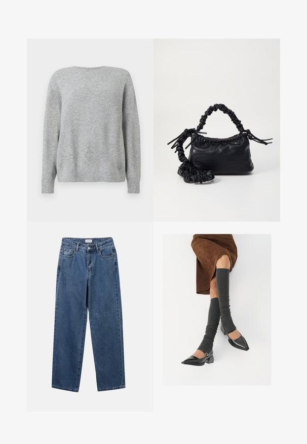 Lys grå sweater i blødt stof har en rund halsudskæring, afslappet pasform samt ribbede manchetter og kant for tekstur og detaljer.; Klassiske blå denimbukser med lige ben, fem lommer og knaplukning. Har en medium vask og en robust tekstur.; Sorte patenterede lædersko med spids tå, blokhæl og ankelrem, kombineret med grå ribbede benvarmere og en brun ruskinds nederdel.; Sort kunstlæder håndtaske med krokodilteksur, indsnøret top og en sammenkrøben rem. Ser blød og kompakt ud i designet.