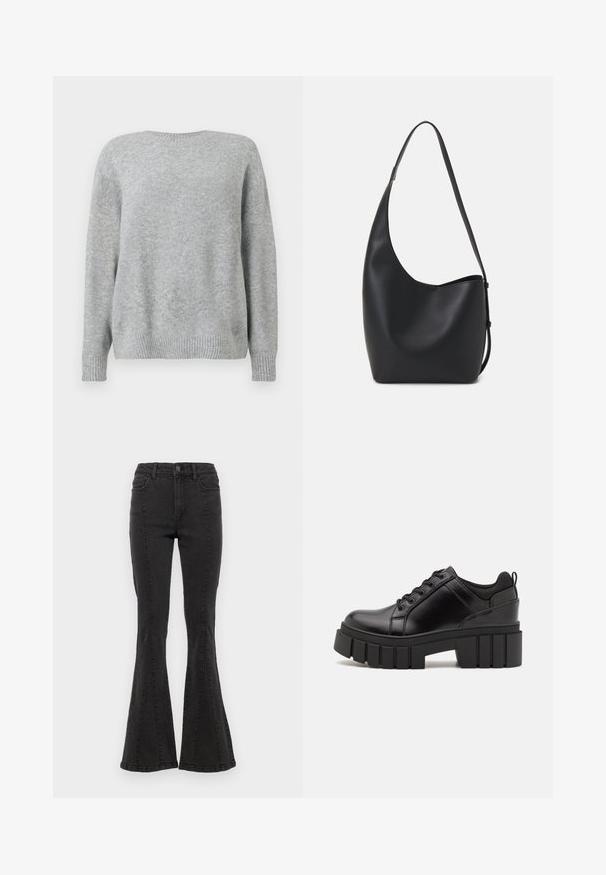 Light gray sweater, made of soft fabric, features a round neckline, relaxed fit, and ribbed cuffs and hem for texture and detail.; Black denim flared jeans with a high waist, featuring side seams and a clean finish at the hem. Fabric has a smooth texture with slight stretch.; Black leather platform shoes with a chunky block heel, round toe, and traditional lace-up design. Features smooth texture and minimal detailing.; Black leather hobo bag with a smooth texture, curved shape, and single adjustable strap; features a wide opening at the top.