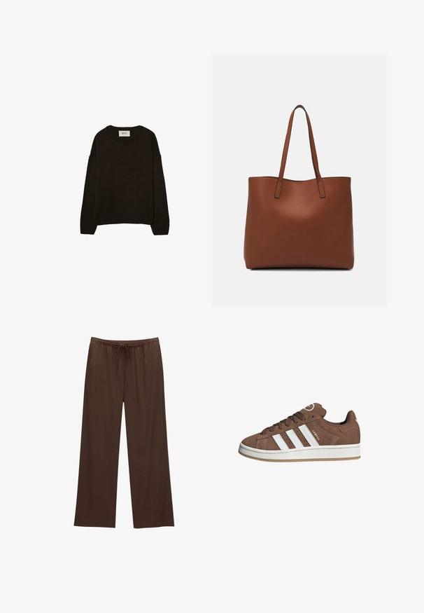 Pull en tricot marron foncé avec un col rond, des épaules tombantes, des poignets et un ourlet côtelés, présentant une texture douce et une coupe décontractée.; Pantalons larges marron en tissu doux, avec une taille élastique et un cordon de serrage, et deux poches latérales.; Baskets en daim marron avec des bandes en cuir blanc, semelle en caoutchouc, bout arrondi et lacets. Comprend un logo sur la languette et des accents perforés.; Sac fourre-tout en cuir marron avec une texture lisse, design à ouverture supérieure et deux poignées pour le porter à l'épaule. Présente des coutures minimales et aucun matériel visible.