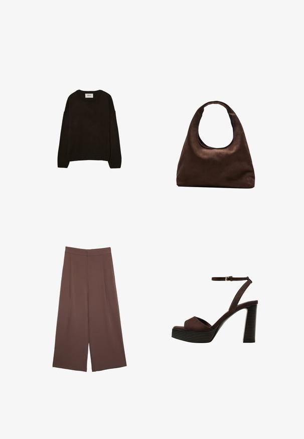 Dark brown knitted sweater with a crew neckline, dropped shoulders, ribbed cuffs, and hem, featuring a soft texture and relaxed fit.; Brown wide-leg trousers with a smooth texture, featuring a high waist and front pleats. The fabric is lightweight and flows loosely.; Brown suede high-heeled sandal with an open toe, adjustable ankle strap, and a striped platform sole.; Soft brown hobo-style handbag with a single wide strap and a curved top handle opening, displayed on a white background.