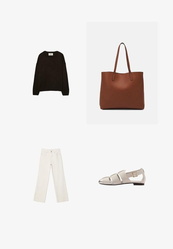 Temno rjav pleten pulover s krožnim izrezom, spuščenimi rameni, rebrastimi manšetami in robom, ki se ponaša z mehko teksturo in sproščenim krojem.; Beli široki traper hlače, izdelane iz denima, z visokim pasom, sprednjimi žepi in gumbnim zapiranjem. Čista zasnova z minimalnimi detajli.; Mango Sandali - beige; Rjava usnjena torba z gladko teksturo, odprto zasnovo zgoraj in dvema naramnima trakovoma. Opremljena je z minimalnim šivanjem in brez vidnih kovinskih delov.