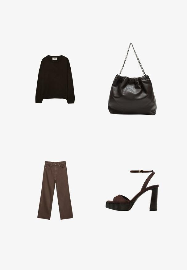 Temno rjav pleten pulover s krožnim izrezom, spuščenimi rameni, rebrastimi manšetami in robom, ki se ponaša z mehko teksturo in sproščenim krojem.; Široke rjave kavbojke iz denima, ki imajo visok pas, sprednje žepe in klasično zapiranje na gumb. Gladka tekstura s subtilnim šivom.; Rjave semiš sandale z visoko peto, odprto spredaj, z nastavljivim gležnjenjem in črtastim podplatom.; Rjava usnjena torba z nabranim vrhom in verižnim trakom. Gladka tekstura z sijajno površino in subtilnimi šivi na straneh.