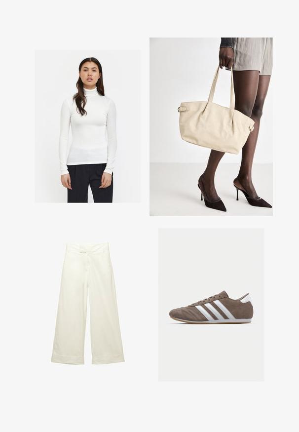 Weißes geripptes Rollkragenoberteil mit langen Ärmeln, enganliegendem Design und glatter Textur. Kombiniert mit schwarzen Hosen, die einen eleganten Stil betonen.; Weit geschnittene Hose aus weichem, cremefarbenem Stoff. Mit flachem Bund und aufgeschlagenen Säumen. Glatte Textur mit einem klaren, minimalistischen Design.; Braune Wildleder-Sportschuhe mit weißen Streifen, runder Zehenform, Schnürdesign und Gummisohle. Strukturiertes Obermaterial mit Nahtdetails.; Beige Tote-Bag mit einer glatten Leder-Oberfläche, strukturiertem Design, zwei Griffen und seitlichen Schnallendetails. Kombiniert mit eleganten schwarzen Absatzschuhen.