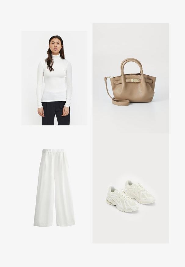 Weißes geripptes Rollkragenoberteil mit langen Ärmeln, enganliegendem Design und glatter Textur. Kombiniert mit schwarzen Hosen, die einen eleganten Stil betonen.; Weiße, weite Hosen mit einem elastischen Bund, ausgestattet mit frontalen Falten und einem leichten, strukturierten Stoff.; Weiße Sportschuhe aus Mesh- und synthetischen Materialien, Schnürdesign, gepolsterter Kragen und strukturiertes Profil für besseren Grip. Leichte Bauweise.; Taschen aus braunem Leder mit doppelten Griffen und einem abnehmbaren Schultergurt. Verfügt über einen goldfarbenen Verschluss und eine strukturierte Oberfläche.