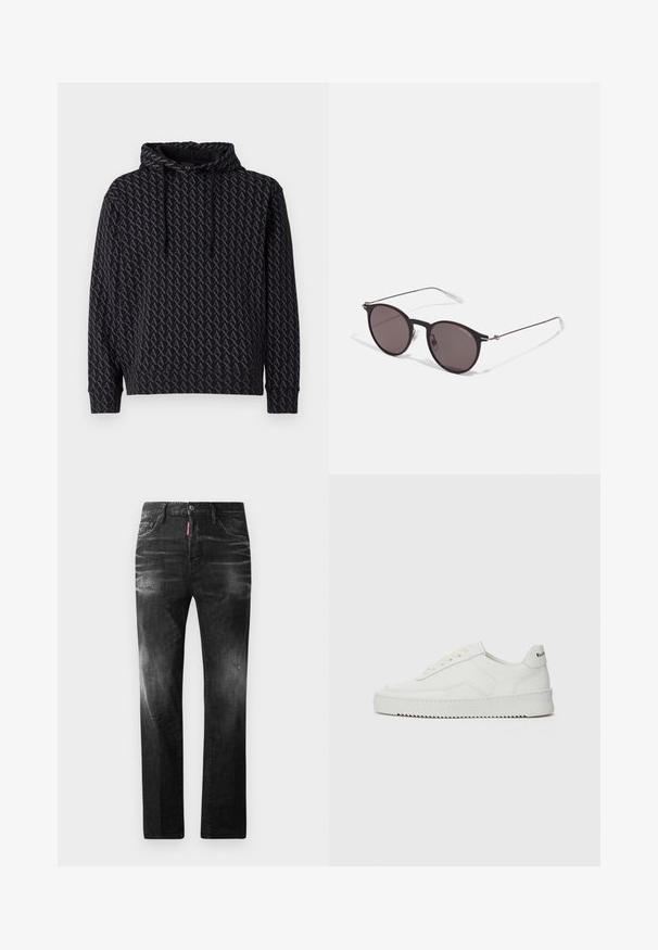 Čierna mikina s kapucňou s opakujúcim sa šedým logom, so sťahovacou kapucňou a ribovanými manžetami a lemom.; Čierne bavlnené tričko s okrúhlym výstrihom, krátkymi rukávmi a bielym logom "EMPORIO ARMANI" nad textom "Milano" v zakrivenej línii.; Čierne denimové džínsy so štandardným strihom. Obsahujú vyblednuté oblasti, drobné opotrebenie, klasický dizajn s piatimi vreckami a zapínanie na gombík.; Biele kožené tenisky s hladkým povrchom, okrúly špičkový dizajn, ploché šnúrky a textúrovaná podrážka. Obsahujú jemné logo na päte.; Čierne okrúhle slnečné okuliare s tmavými sklami a tenkými kovovými ramenami. Obsahujú priehľadné konce rámov a strieborné akcenty na pántoch. Minimalistický dizajn.