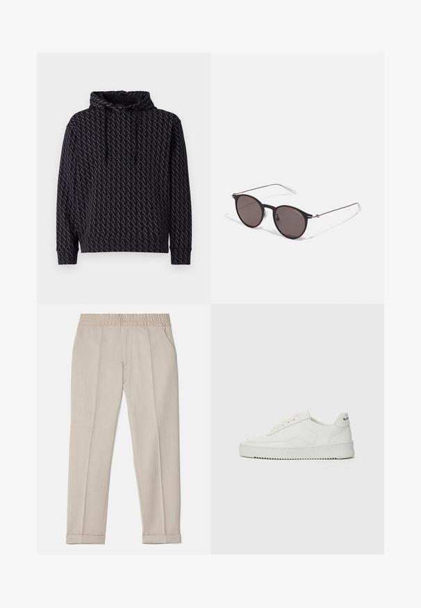 Felpa con cappuccio nera caratterizzata da un motivo a logo grigio ripetitivo, con cappuccio regolabile e polsini e orlo a coste.; Filippa K TERRY CROPPED TROUSERS - Pantaloni - sage melange; Sneaker in pelle bianca con una finitura liscia, punta rotonda, lacci piatti e suola testurizzata. Presenta un logo discreto sul tallone.; Occhiali da sole neri rotondi con lenti scure e sottili bracci in metallo. Include punte trasparenti e accenti argentati alla cerniera. Design minimalista.