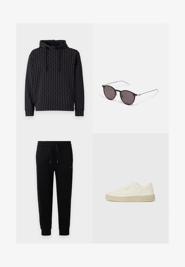 Juodas gobtuvas su pakartotiniu pilku logotipo raštu, su reguliuojamu gobtuvu ir raštuotomis rankovėmis bei apačia.; Juodi džinsiniai kelnių stiliaus kelnės, pagamintos iš medvilnės mišinio, su elastinga juosta ir raišteliu, uždengtais kulkšniais ir švelniu logotipo spaudiniu šone.; Baltos drobės sportbačiai su tekstūruota guma padais, turintys siuvinėtą pirštų apsaugą ir logotipo akcentą ant kulno. Paprastas rišamas dizainas.; Juodos apvalios saulės akinių su tamsiais lęšiais ir plonomis metalinėmis šakomis. Įtraukti skaidrūs šventyklų galai ir sidabriniai akcentai vyrio srityje. Minimalistinis dizainas.