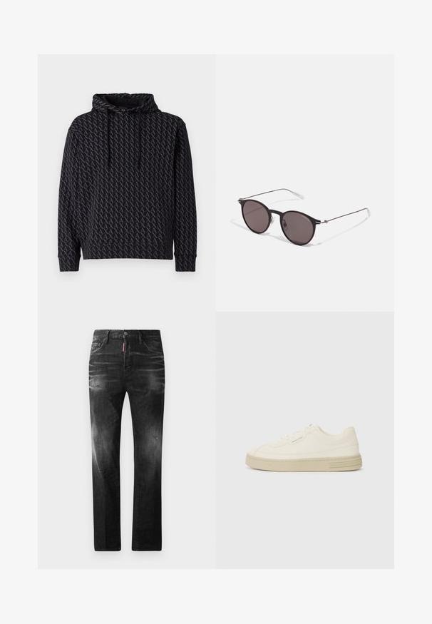 Fekete kapucnis pulóver, ismétlődő szürke logó mintával, állítható kapucnival és bordázott mandzsettákkal, valamint alsó résszel.; Fekete farmernadrág egyenes szabással. Fakadó területek, kisebb kopások, klasszikus öt zsebes kialakítás és gombos zárás jellemzi.; Fehér vászon sportcipők texturált gumitalppal, varrott orral és logóval díszített sarokkal. Egyszerű fűzős kialakítás.; Fekete kerek napszemüveg sötét lencsékkel és karcsú fém szárakkal. Átlátszó szárvégeket és ezüst részleteket tartalmaz az ívnél. Minimalista dizájn.