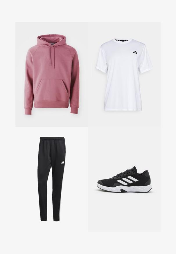 Vaaleanpunainen huppari, jossa on edessä kenguru-tasku, ribatut hihat ja helma. Varustettu nauhalla säädettävässä hupussa ja sileällä kankaan rakenteella.; Valkoinen urheilupaita lyhyillä hihoilla, valmistettu kosteutta siirtävästä kankaasta. Vasemmassa rinnassa on musta logo ja kauluksen sisäpuolella on kuvio.; Mustat urheiluhousut, joissa on joustava vyötärö, valkoiset sivuraidat ja pieni valkoinen logo reidessä. Valmistettu sileästä, kevyestä materiaalista.; Mustat urheilukengät, joissa on teksturoitu verkkomateriaali yläosassa, valkoiset korostusraidat, pehmustettu pohja ja vahvistettu kanta tuen vuoksi.