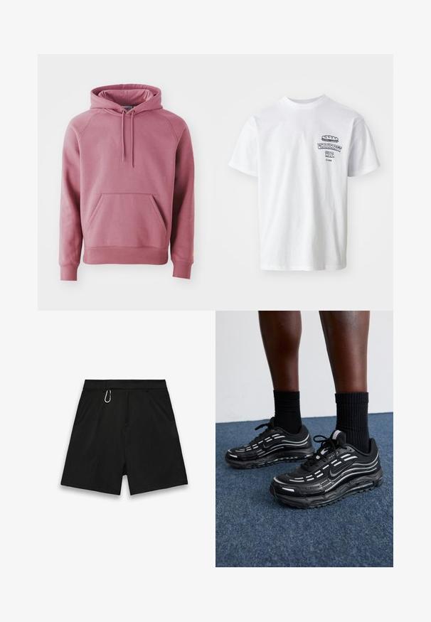 Rožinė suknelė su priekinėmis kengūrinėmis kišenėmis, juostelėmis ant rankovių ir apykaklės. Su dangteliu su raišteliu ir lygia medžiagos tekstūra.; Balta medvilninė marškinėliai trumpomis rankovėmis, apvaliu iškirpimu ir grafiniu spaudiniu, kuriame užrašas "Carhartt WIP" ir maisto iliustracija ant krūtinės.; Juodos šortai, pagaminti iš tekstūruoto audinio, tiesaus kirpimo, su diržo kilpomis ir metaliniu karabininiu užsegimu kaip akcento detalė.; Juodi Nike batai turi orui pralaidžią viršutinę dalį su akcento juostelėmis, tekstūruotais raišteliais ir juodu guminio pado. Dėvimi su juodais šonkauliniais sokais.