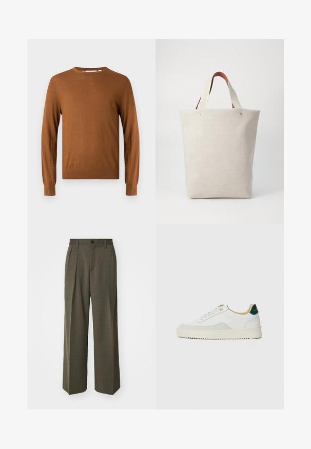 Tiger of Sweden CONNOR - Jumper - dark honey; Light beige t-shirt made of cotton, featuring a large embroidered eagle logo in grey and black on the chest. Short sleeves, relaxed fit.; Filippa K WIDE TROUSERS - Trousers - driftwood; White sneaker with suede accents, rounded toe, flat laces, and a cream rubber sole. Features green branding on the heel.; Tote bag in light beige fabric with a textured finish, featuring two contrasting brown leather handles and metal accents at the top.