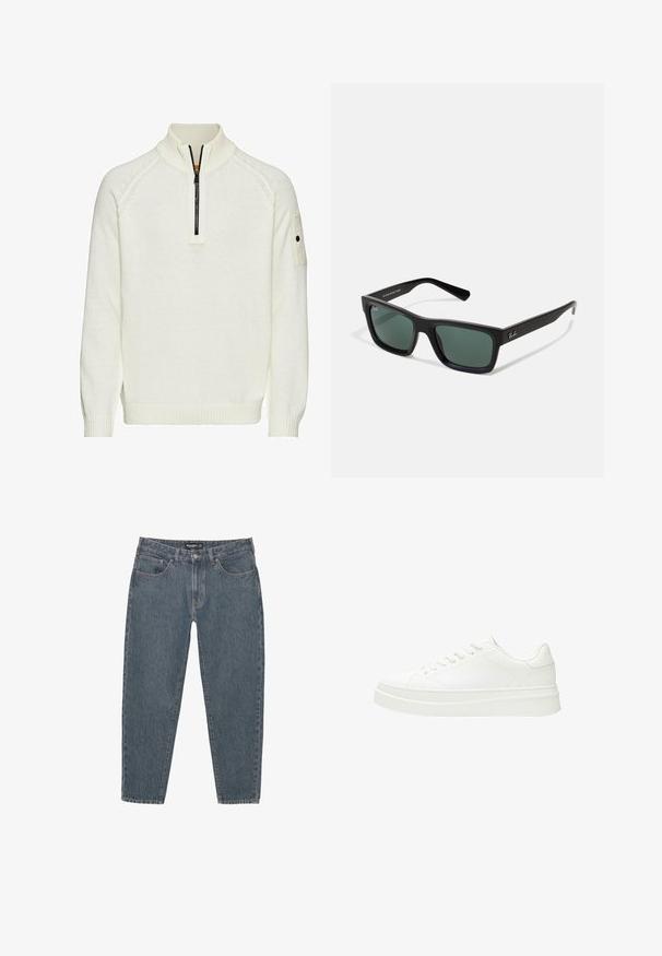 Witte gebreide trui met een halve rits kraag, geribde manchetten en zoom, en een paspelzak op de mouw. Zachte textuur, ontspannen pasvorm.; Donkerblauwe spijkerbroek met een relaxte pasvorm, vijf zakken, knoopsluiting en een licht rafelrandje. Duurzaam materiaal met een subtiele textuur.; Witte sneaker met een glad leren bovenwerk, platte veters en een dikke rubberen zool. Minimalistisch ontwerp met subtiele stiksel en naadloze accenten.; Zwarte rechthoekige zonnebril met groene lenzen, voorzien van een matte afwerking, rechte pootjes en het Ray-Ban-logo aan de zijkant.