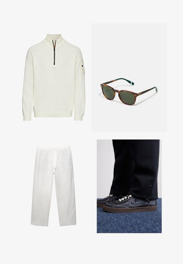 Hvid strikket sweater med halv-zip krave, ribbede manchetter og mønster, samt en lomme på ærmet. Blød tekstur, afslappet pasform.; Hvide linnedbukser med elastisk talje med snøre, bred ben-design og rene sømme. Glat tekstur med afslappet pasform.; Nike Sportswear KILLSHOT 2 LTR PRM OPP2 - Sneakers - black sail baroque brown mtlc dk grey; Skildpaddemønstret solbriller med grønne linser, rund form, guld detaljer og mørkegrønne stænger med en hvid stribe.