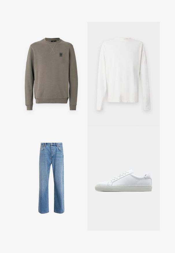 Felpa verde oliva realizzata in misto cotone, con collo rotondo, polsini a coste e una piccola etichetta con logo sul lato sinistro del petto.; Camicia bianca in cotone a maniche lunghe con scollatura rotonda, spacchi laterali in fondo e una texture liscia, mostrata da dietro.; Jeans in denim blu chiaro con design a gamba dritta, cinque tasche, chiusura con bottone, leggero sbiadimento e dettagli di cucitura a contrasto.; Sneaker bianco con tomaia in pelle liscia e profilo basso. Presenta una punta arrotondata, sei occhielli e una suola in gomma testurizzata.