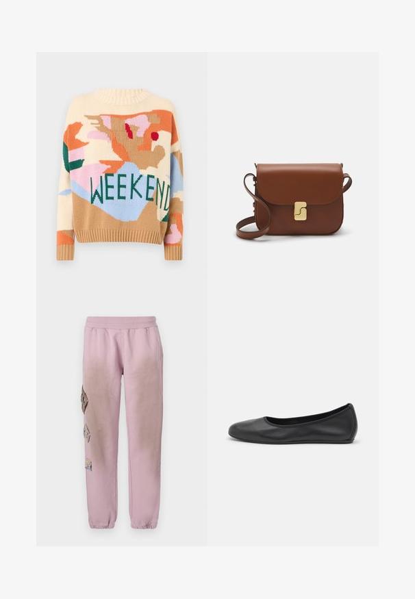Knitted sweater featuring a relaxed fit, ribbed neckline, and multicolored abstract patterns. "WEEKEND" is prominently displayed in green.; White short-sleeve t-shirt made of ribbed fabric. Round neckline, regular fit, and subtle stitching details. No patterns or graphics.; Pink sweatpants with an elastic waistband, featuring decorative patches in diamond shapes on the left side and elastic cuffs at the ankles.; Black leather ballet flat with a rounded toe, smooth texture, minimal stitching detail, and a flexible sole design.; Brown leather handbag with a flap closure, gold-tone hardware, a shoulder strap, and a smooth texture. Compact rectangular shape.