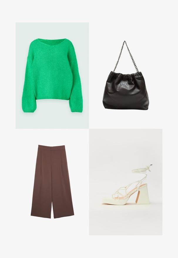 Grüner, gestrickter Pullover mit lockerer Passform, weit ausgeschnittenem Hals und langen Ärmeln. Die Textur ist gerippt und zeigt ein grobes Strickmuster.; Braune Weite-Leg-Hosen mit einer glatten Textur, hoher Taille und Vorderfalten. Der Stoff ist leicht und fällt locker.; Weiße High-Heel-Sandale mit einem klobigen Absatz, die über ein Riemchendesign und ein Knöchelband verfügt. Glatte Textur mit einer Plattform vorne für zusätzliche Höhe.; Braune Lederhandtasche mit gerafftem Oberteil und Kettenriemen. Glatte Textur mit glänzendem Finish und subtilen Nahtdetails an den Seiten.