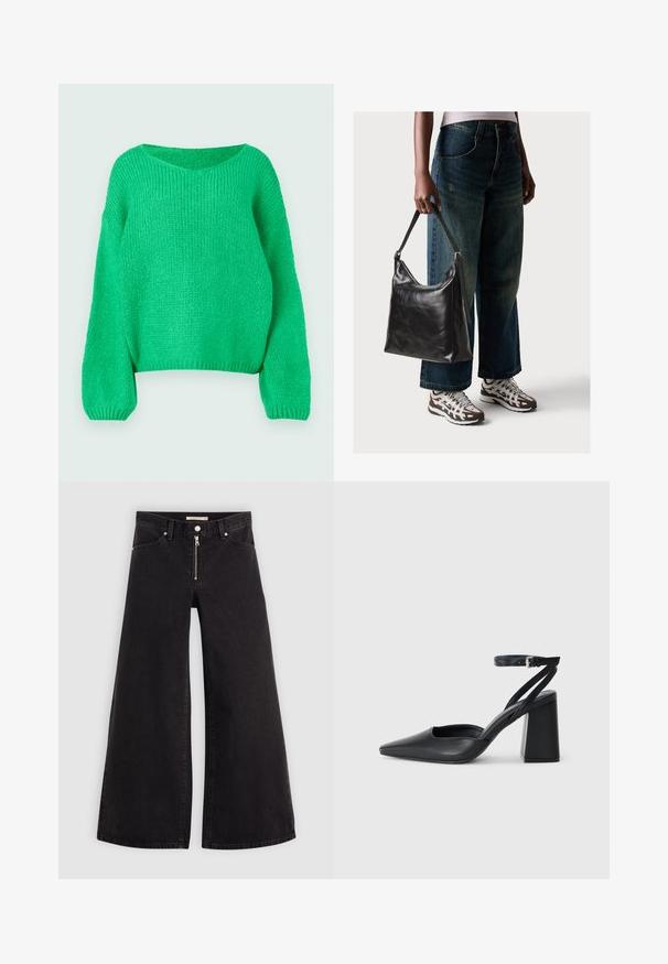 Vihreä neulepusero, jossa on löysä istuvuus, leveä pääntie ja pitkät hihat. Tekstuurissa on ribbireunus, jossa on paksu neulekuvio.; Mustat leveälahkeiset farkut, joissa on vetoketjufrunti, viisi-taskuinen muotoilu ja hienovaraiset ompelusyyt. Sileä pinta ja rento tyyli.; Mustat nahkakengät, joissa on kapea kärki, nilkkaremmi ja paksu korko. Tasainen pinta, tyylikäs muotoilu ja minimalistinen estetiikka.; Musta nahkainen olkalaukku, jossa on sileä pinta ja säädettävä hihna, yhdistettynä haalistuneisiin leveälahkeisiin farkkuihin ja urheilukenkien kanssa.