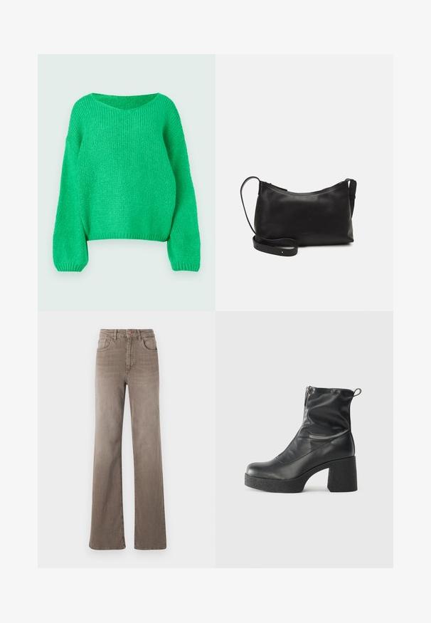 Roheline kudum, millel on lõdva istuvuse, lai kaelus ja pikad varrukad. Tekstuur on soonik, koos turske õmblusmustriga.; Pruunid kõrge vöökohtadega sirged teksad, millel on ees nupp, vöölõngad ja klassikaline viie tasku disain valgel taustal.; Mustad mustad ansapüksid, mis on valmistatud siledast nahast, külje zipperiga, paksu tekstuuriga kontsaga ja ümmarguse nina disainiga.; Mustmust nahk õlakotil on sile tekstuur, kumer kuju, reguleeritav rihm ja lukuga sulgemine. Minimalistlik disain ilma kaunistusteta.