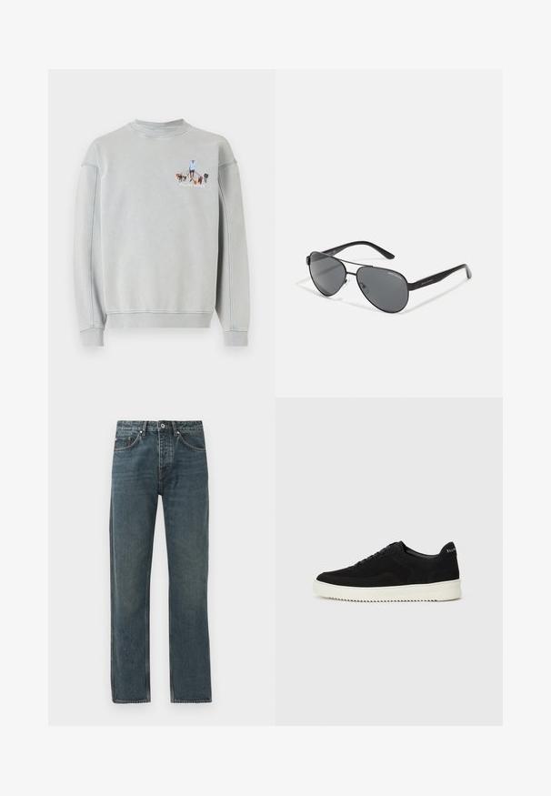 Hanorac gri deschis cu guler și manșete ribbate, având un grafic brodat cu o persoană care plimbă mai mulți câini.; Jeans din denim de culoare albastru închis, cu un design drept, având cinci buzunare, închidere cu nasture și detalii de cusătură în contrast.; Adidași negri din suede cu design cu șireturi și talpă din cauciuc alb contrastant. Prezintă panouri laterale texturate și branding subtil pe toc.; Ochelari de soare aviator negri cu lentile întunecate, cadru subțire din metal și brațe înguste din plastic, având accente cu logo.