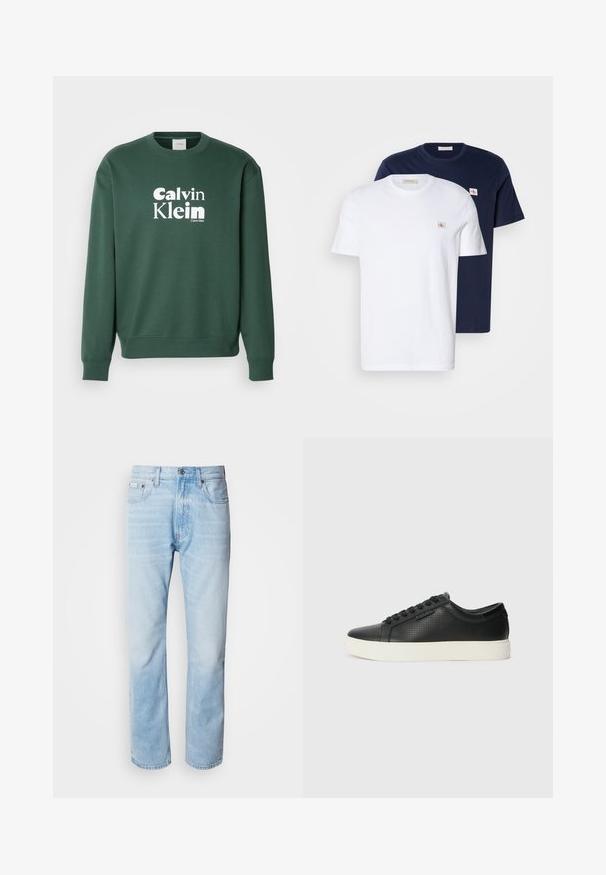 Sudadera verde de mezcla de algodón, con cuello redondo y puños acanalados. Presenta el logo blanco de "Calvin Klein" en el frontal.; Pack de camisetas de algodón en blanco y marino. Cada una cuenta con cuello redondo, mangas cortas y un pequeño parche con el logo en el pecho.; Vaqueros de mezclilla azul claro con corte recto, con secciones desgastadas, diseño de cinco bolsillos y cierre de botones clásico.; Zapatillas de cuero negro con textura perforada, puntera redonda y suela plana de goma blanca. Presenta cordones negros y un logo sutil en el costado.