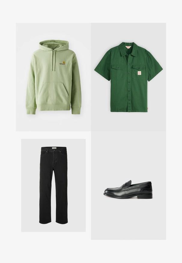 Felpa con cappuccio verde chiaro realizzata in tessuto morbido, dotata di tasca a marsupio, cappuccio con cordino e un piccolo logo ricamato sul petto.; Camicetta verde in cotone a maniche corte con chiusura a bottoni, due taschini sul petto e un'etichetta piccola sulla tasca sinistra. Semplice, senza pattern.; I jeans in denim nero a gamba dritta presentano un classico design a cinque tasche con chiusura a bottone, cuciture minime e una texture morbida.; Mocassini in pelle nera con finitura liscia, dettagli cuciti sulla parte superiore e tacco leggermente rialzato.