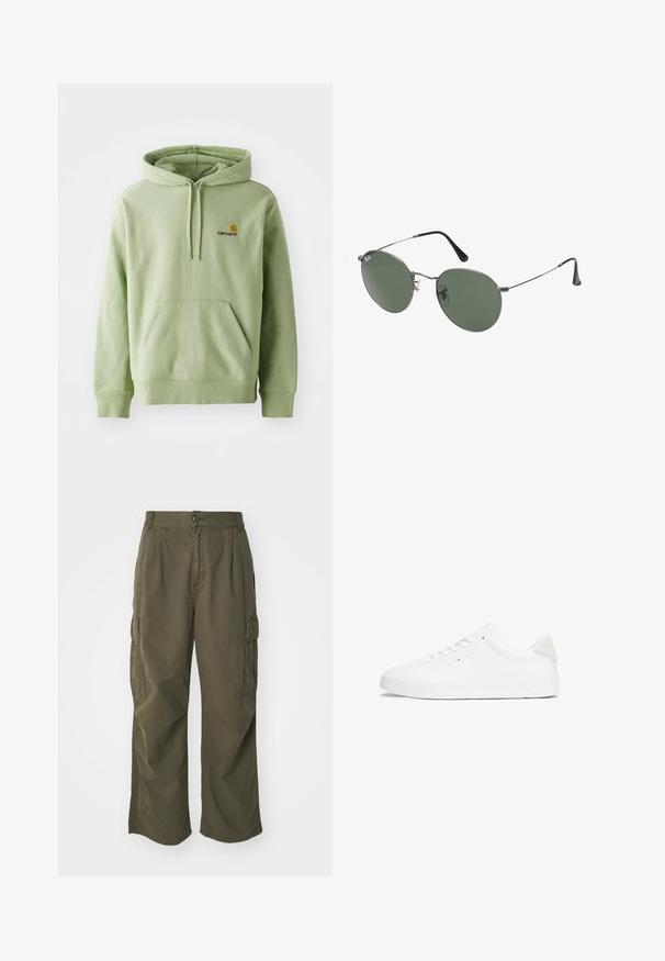 Hellgrüner Pullover-Hoodie aus weichem Stoff, mit einer Kängurutasche, einer Zugkordelkapuze und einem kleinen gestickten Logo auf der Brust.; Weißes Baumwoll-T-Shirt mit kurzen Ärmeln, Rundhalsausschnitt und lässigem Schnitt. Glatte Textur ohne sichtbare Muster oder Akzente.; Cargo-Hosen in Olivgrün, aus Baumwolle, mit weitem Bein, Falten und seitlichen Taschen für Funktionalität.; Weiße Sneaker mit einem Obermaterial aus glattem Leder, runder Zehenpartie, flacher Sohle und minimalistischem Design. Verfügt über dezentes Branding und einen beigen Akzent an der Ferse.; Metallgestellte Sonnenbrille mit ovalen grünen Gläsern. Dünner silberner Metallrahmen und schwarze Ohrstücke. Minimalistisches Design, keine sichtbaren Logos.