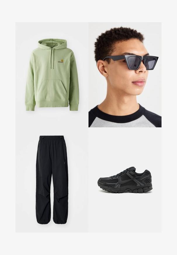 Hele roheline kapuutsiga sviiter, mis on valmistatud pehmest kangast, sisaldab ees kangaroo taskut, nööriga kapuutsi ja väikest tikanditega logo rinnal.; Mustad mustad cargo püksid elastse vöökoha, külgzippide ja avarate taskutega. Omab laia lõiget ja kitsenevaid sääreotsasid.; Musta spordijalats, millel on võrgust ülemine osa, kummist tallad ja tekstureeritud detailid. Disain sisaldab silmapaistvat lõngasüsteemi ja pehmendatud tallaid.; Mustad nurgelised prillid tumedate läätsedega, millel on julge geomeetriline disain ja mati viimistlusega. Kandmas inimene lühikeste juustega.