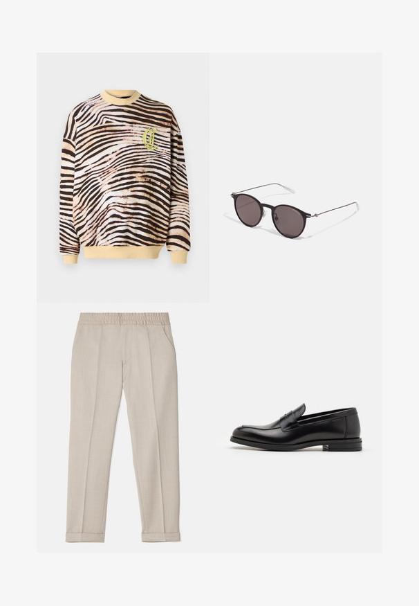 Bomulls sweatshirts med ett brunt och krämfärgat zebra randigt mönster, gul ribbad krage och mudd, samt en broderad logotyp i pastellgrön.; Filippa K TERRY CROPPED TROUSERS - Tygbyxor - sage melange; Svarta läderloafers med en slät yta, rund tå och ett dekorativt band över främre delen. Låg staplad klack, minimalistisk design.; Svarta runda solglasögon med mörka linser och smala metallarmar. Inkluderar klara tempeltips och silverdetaljer vid gångjärnet. Minimalistisk design.