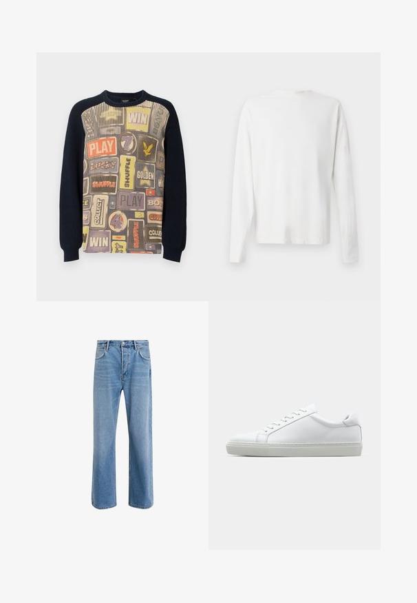Stickad tröja med ett mönstrat framstycke med speltemabaserad grafik i olika färger och en mörk marinblå ribbad stickad baksida och ärmar.; Vit långärmad skjorta i bomull med rund halsringning, sidofickor längst ner och en slät yta, visad bakifrån.; Ljust blå denimjeans med rak passform, fem fickor, knappstängning, minimal blekning och kontrasterande sömdetaljer.; Vit sneaker med en slät läderövre och låg profil. Har en rundad tå, sex snörhål och en strukturerad gummisula.
