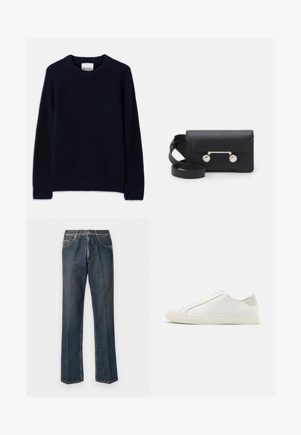 Sötétkék bordázott kötött pulóver kerek nyakkivágással és hosszú ujjakkal. Egyenes alsó hemje van, és textúrázott mintázat jellemzi.; Tengerészkék, rövid ujjú póló, fehér "neanche per sogno" felirattal, középen a mellkason, kerek nyakkal, közepes méretben.; Sötétkék egyenes szárú farmernadrág elülső gombbal, cipzáros behúzással, dupla elülső zsebekkel és lábszárakon látható függőleges ráncokkal.; Fehér bőr sneaker sima felülettel, kerek orral és minimalista dizájnnal. Bézs kiemelésekkel a sarokon és gumitalppal rendelkezik.; Fekete bőr keresztpántos táska hajtókával, ezüst színű kiegészítőkkel és két kerek díszítéssel. Levehető pánttal rendelkezik. Simább textúrájú.