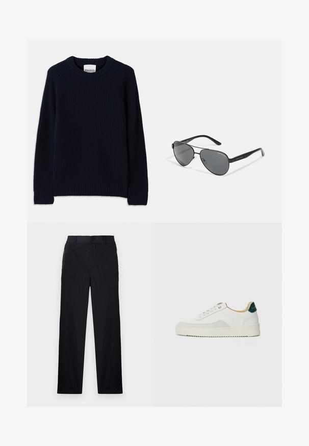 Temno modra rebrasta pletena majica z okroglim izrezom in dolgimi rokavi. Ima raven rob in teksturiran vzorec po celotni površini.; Črne hlače iz lahke, teksturirane tkanine, ravne noge, elastičen pas in stranski žepki na zadrgo.; Bela trenerka z zaključki iz semiša, okroglo konico, ravne vezalke in kremna gumijasta podplata. Ima zeleno blagovno znamko na peti.; Črne aviatorske sončna očala s temnimi lečami, tankim kovinskim okvirjem in vitkimi plastičnimi ročaji z logotipnimi detajli.