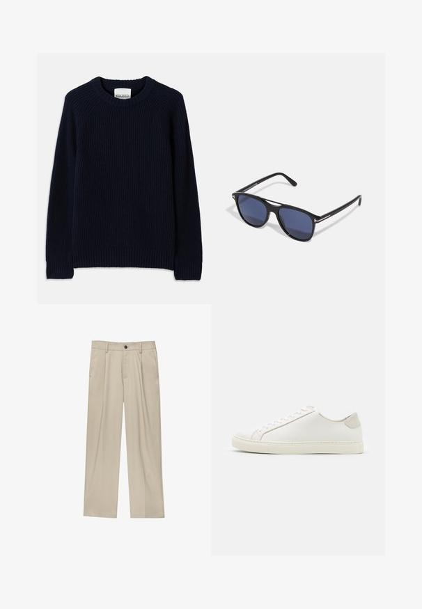 Tummansininen ribbiknitti neulepaita, jossa on pyöreä kaula-aukko ja pitkät hihat. Ominaisuuksiin kuuluu suora helma ja teksturoitu kuvio koko paidassa.; Beige-housut suoran leikkauksen omaavina, joissa on yksi musta nappi, vyölenkit ja sivutaskut. Sileä kangas ja minimalisti muotoilu.; Valkoinen nahkakengät, joissa on sileä pinta, pyöreä kärki ja minimalistiinen muotoilu. Varressa beige-yksityiskohtia ja kumipohja.; Aurinkolasit, joissa on musta muovikehys, sinisen sävyiset linssit, hieman pyöristetty muoto ja hopeiset metallikoristeet temppeleissä.