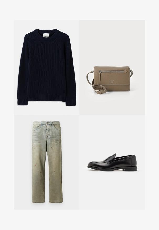 Tums zilganas ribota adīta džemperis ar apaļu kakla izgriezumu un garām piedurknēm. Iezīmē taisnas apakšmalas un strukturētu rakstu visā virsmā.; Izsistās džinsās gaisā zaļā krāsā, ar taisnu kāju, piecu kabatu dizainu un nevienmērīgu izbalēšanu, kā arī krāsas šļakatas.; Melnas ādas kurpes ar gludu tekstūru, noapaļu purngalu un dekoratīvu siksniņu pāri priekšpusei. Zems sakrauts papēdis, minimālisma dizains.; Taupe krāsas ādas pleca soma ar rāvējslēdzēja priekšējo kabatu, regulējamu siksnu, akmens tekstūru un iegravētu logo priekšpusē.