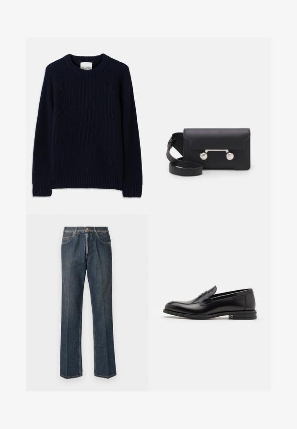 Marineblauer, gerippter Strickpullover mit Rundhalsausschnitt und langen Ärmeln. Verfügt über einen geraden Saum und ein strukturiertes Muster auf der gesamten Oberfläche.; Dunkelblaue, gerade Jeans aus Denim mit vorderem Knopf, Reißverschluss, doppelten vorderen Taschen und sichtbaren vertikalen Falten entlang der Beine.; Schwarze Lederloafers mit glatter Textur, rundem Zehenbereich und einem dekorativen Riemen über dem Vorderfuß. Niedriger, gestapelter Absatz, minimalistisches Design.; Schwarze Leder-Umhängetasche mit Klappenverschluss, silberfarbener Hardware und zwei runden Akzenten. Verfügt über einen abnehmbaren Schulterriemen. Glatte Textur.