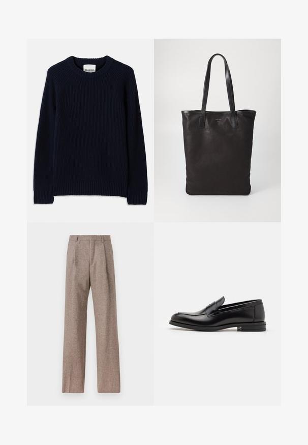 Tamsiai mėlyna guma trikotažo megztinis su apvalia iškirpte ir ilgomis rankovėmis. Yra tiesus apatinis kraštas ir tekstūruotas raštas visame megztinyje.; Rudos, aukšto liemens kelnes, pagamintas iš tekstūruotos medžiagos. Plati kojos, dvi priekinės klostės struktūrai. Tvarkingas apdailos darbai, be matomų detalių.; Juodos odinės loafers, turinčios lygų paviršių, apvalią noselę ir dekoratyvinę juostą per priekinę dalį. Žemas krentantis kulnas, minimalistinis dizainas.; Juodas drobės pirkinių maišelis su juodais odiniais rankenomis. Paprastas dizainas, erdvus kūnas ir lygus paviršius. Nėra matomų logotipų ar raštų.