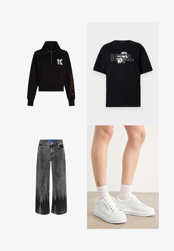 Manga comprida preta com um colarinho alto, fecho de correr prateado e texto em cursivo vermelho na manga. Apresenta um logótipo de cartoon na frente.; T-shirt de algodão preta com uma impressão gráfica de duas figuras de cartoon com óculos de sol, acompanhadas pelo texto "KARL" em letras grandes.; Calças de ganga de perna larga em denim preto desbotado, apresentando um efeito de dip-dye, acessórios em aço e um design clássico de cinco bolsos com cintura padrão.; Sapatilhas de couro brancas com textura suave, bico redondo e sola de borracha plana. Os atacadores são visíveis e as meias são brancas.