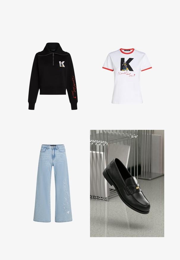 Juoda trumpa megztinė su aukštu apykakle, sidabriniu užtrauktuku ir raudonais itališkais rašmenimis ant rankovės. Priekyje yra animacinis logotipas.; Balta medvilninė marškinė su raudona apykakle ir rankovių kraštais. Ant jų pavaizduotas juodas 'K' ir Donaldo Buko grafika su raudonu parašu.; Šviesiai mėlynos plačios džinsinės kelnės su siūtu tekstu "Donaldas ir Daisė" kairiajame klešne. Yra klasikinis penkių kišenių dizainas ir diržo kilpos.; Juodi odiniai loafersai su sklandžiu paviršiumi, turintys dekoratyvinę juostą ir mažą auksinę detalę. Padas plokščias, su apvaliu pirštu.