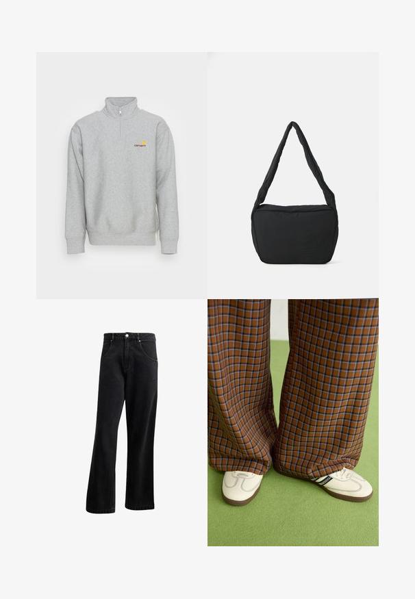 Carhartt WIP HALF ZIP AMERICAN SCRIPT - Φούτερ - grey heather; Μαύρα τζιν παντελόνια με ίσιο σχεδιασμό, διαθέτοντας μπροστινές τσέπες, κουμπωτό φερμουάρ και ελαφριά υφή. Περιλαμβάνει μια διακριτική λεπτομέρεια λογότυπου.; Καφέ και μπλε καρό παντελόνια με φαρδιά πόδια, σε συνδυασμό με λευκά παπούτσια που έχουν μαύρες λεπτομέρειες και υφασμάτινες σόλες, τοποθετημένα σε πράσινο φόντο.; Μαύρη τσάντα ώμου με μαλακή υφή, στρογγυλή μορφή και φαρδύ λουρί, που διαθέτει ανάγλυφο λογότυπο στο μπροστινό μέρος.