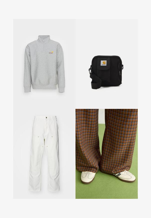 Carhartt WIP HALF ZIP AMERICAN SCRIPT - Sudadera - grey heather; Pantalones cargo de algodón blancos con un corte relajado. Las características incluyen bolsillos frontales, detalles en dorado y secciones de rodilla reforzadas.; Pantalones de pata de elefante de cuadros marrones y azules combinados con zapatos blancos con detalles en negro y suelas texturizadas, sobre un fondo verde.; Bolso bandolera negro con un compartimento principal con cremallera, bolsillo frontal, correa ajustable y un parche de logo visible en la tapa.