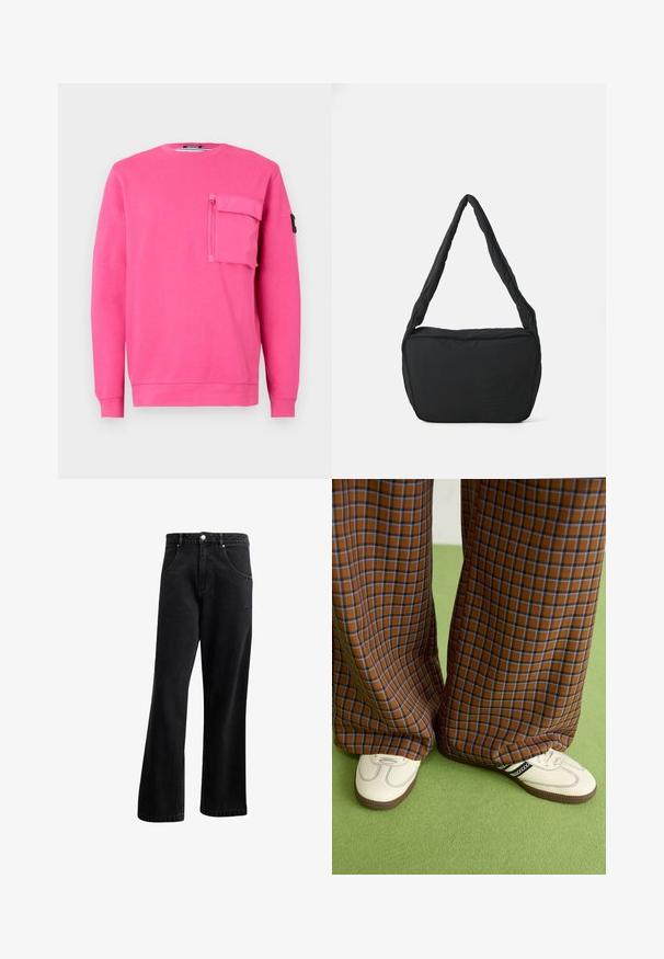 Rózsaszín pulóver kerek nyakkal, hosszú ujjakkal és cipzáras zsebbel a mellkason. Puha anyagból készült, sima felülettel.; Fekete farmer jeans egyenes szárú fazonnal, elülső zsebekkel, gombos záródással és enyhe textúrával. Diszkrét logódísz is található rajta.; Barna és kék kockás, bőrt lábú nadrág, fehér cipővel, fekete részletekkel és texturált talppal, zöld háttér előtt.; Fekete válltáska párnázott textúrával, lekerekített formával és széles pánttal, az elején domború logóval.