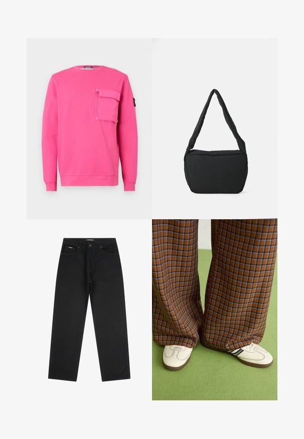 Vaaleanpunainen sweatshirt, jossa on pyöreä kaula-aukko, pitkät hihat ja vetoketjullinen tasku rinnassa. Valmistettu pehmeästä kankaasta, jolla on sileä pinta.; Mustat suorat farkut, joissa on etupainike ja vetoketju, vyölenkit ja viisi taskua, aseteltuna litteäksi valkoista taustaa vasten.; Ruskonsin ja sininen ruutukuvioinen leveälahkeinen housut yhdistettynä valkoisiin kenkiin, joissa on mustia yksityiskohtia ja tekstuuripohjat, vihreää taustaa vasten.; Musta olkalaukku, jossa on pehmustettu pinta, pyöreä muoto ja leveä hihna, sekä kohopainettu logo edessä.
