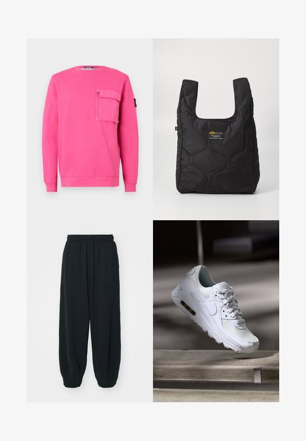 Roosa särgid, mis on ümmarguse kaelusega, pika varrukaga ja rinna peal lukuga taskuga. Valmistatud pehmest kangast, millel on sile tekstuur.; Mustade elastse vöökoha ja laia lõikega dressipüksid, mansetiga sääred, sile tekstuur ning ilma nähtavate mustrite või detailideta.; Valged Nike Air Max 90 sneakers, millel on võrkkangast ja nahast ülemine osa, aukudega varbadosa ning nähtav õhuüksus kandades.; Mustmustritud must kott, millel on suur avaus, kõverad vormid pinnal ja silt, millel on kollane ja valge tekst esitlusel.