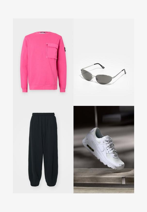 Roze sweatshirt met een ronde hals, lange mouwen en een ritszak op de borst. Gemaakt van zachte stof met een gladde textuur.; Zwarte, elastiche sweatpants met een losse pasvorm, manchetten aan de enkels, een zachte textuur en zonder zichtbare patronen of hardwareaccenten.; Witte Nike Air Max 90 sneaker met een bovenwerk van mesh en leer, een geperforeerde teenbox en een zichtbare luchtunit in de hiel.; Zonnebril met een slank, zilveren metalen frame, grijs getinte lenzen en een aerodynamisch ontwerp met puntige randen en dunne pootjes.; Zwarte gewatteerde tote bag met een grote opening, gebogen vormen op het oppervlak en een label met gele en witte tekst aan de voorkant.