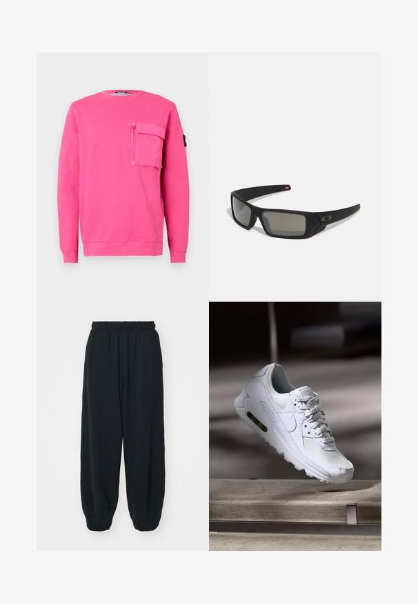 Roze sweatshirt met een ronde hals, lange mouwen en een ritszak op de borst. Gemaakt van zachte stof met een gladde textuur.; Zwarte, elastiche sweatpants met een losse pasvorm, manchetten aan de enkels, een zachte textuur en zonder zichtbare patronen of hardwareaccenten.; Witte Nike Air Max 90 sneaker met een bovenwerk van mesh en leer, een geperforeerde teenbox en een zichtbare luchtunit in de hiel.; Zwarte zonnebril met een matte afwerking, rechthoekige glazen, een lichte kromming op de slapen, subtiele logodetails en rookgetinte glazen.