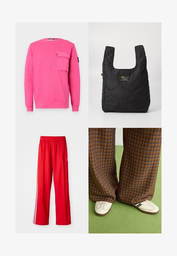 Rosa Sweatshirt mit Rundhalsausschnitt, langen Ärmeln und einer Reißverschlusstasche auf der Brust. Hergestellt aus weichem Stoff mit glatter Textur.; Rote Sporthose aus leichtem Material, mit einem elastischen Bund, zwei weißen Seitenstreifen und einem kleinen Logo auf der Hüfte.; Braun und blaue Karohosen mit weitem Bein, kombiniert mit weißen Schuhen mit schwarzen Akzenten und strukturierten Sohlen, vor einem grünen Hintergrund.; Schwarze gesteppte Tragetasche mit großer Öffnung, gewellten Formen auf der Oberfläche und einem Etikett mit gelber und weißer Schrift auf der Vorderseite.
