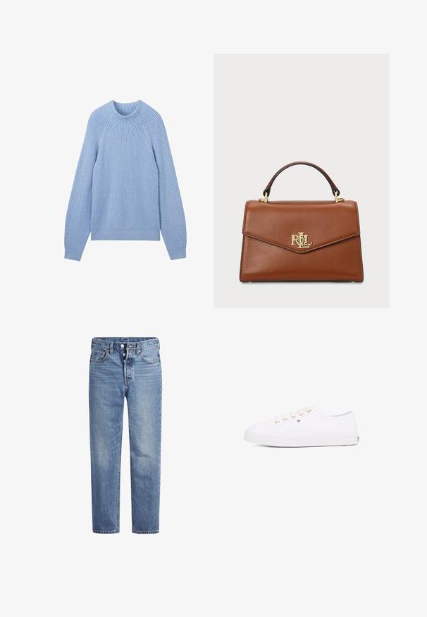 TOM TAILOR MIT STEHKRAGEN - Neule - calm blue rib structure; Sininen ja valkoinen raidallinen nappikauluspaita, jossa on pieni brodattu logo rinnassa ja napitettavat hihansuut. Pehmeä kangas.; Vaaleansiniset farkut suoran leikkauksen, viiden pussin designin ja nappisuljenta. Ominaisuuksiin kuuluu hienoinen haalistuminen ja oranssit ompeleet.; Valkoinen kanvaakenkä, jossa on kultaiset nauhakkeet, litteät nauhat, teksturoitu kumipohja ja minimoitu brändäys sivussa. Matala profiilinen muotoilu.; Ruskea nahkainen käsilaukku, jossa on jämäkkä muotoilu, yläkahva, kultaiset metalliosat ja logokohta etupuolella. Silkkinen pinta.