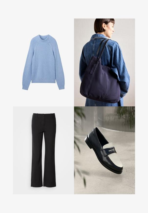 TOM TAILOR MIT STEHKRAGEN - Pulover - calm blue rib structure; Črne hlače iz bombažne mešanice s ravnim krojem, sprednim gumbom in dvema stranskima žepoma. Gladek teksturiran material, brez vidnih vzorcev.; Črno-bela usnjena loafer čevlja z dekorativnim šivom, ki lebdi nad betonskim tlakom s spredaj zamegljenimi rastlinami v ozadju.; Modra platnena torba za ramo s meko, strukturirano obliko, opremljena s črnim trakom, šivanjem in majhno oznako blagovne znamke.